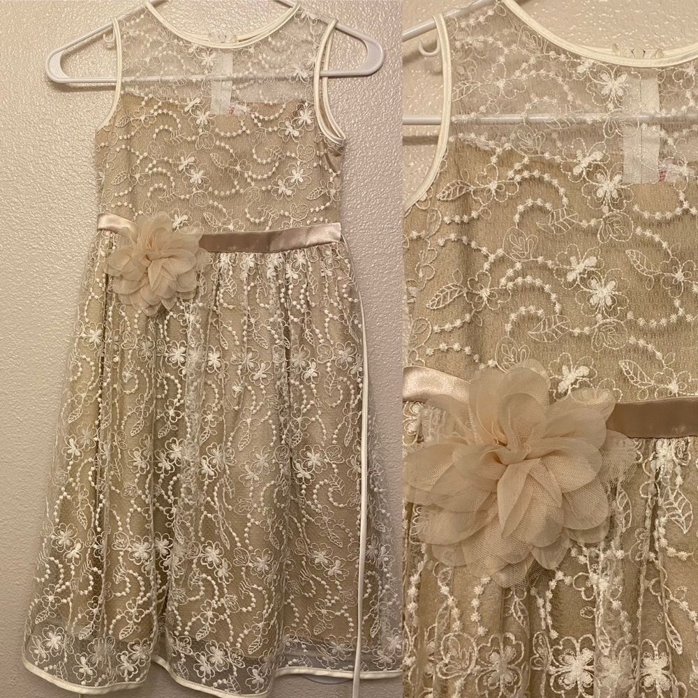 Beige lace overlay long skirt sleeveless floral long formal flower girl gown 7/8